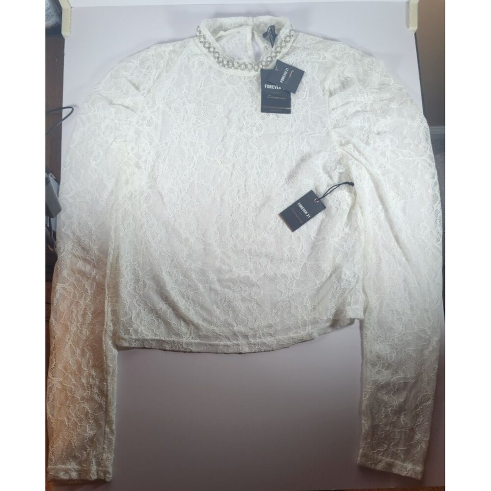 Forever 21 Contemporary Blouse Top Lace Knit Ivory Size L Pearl Beads NWT Floral